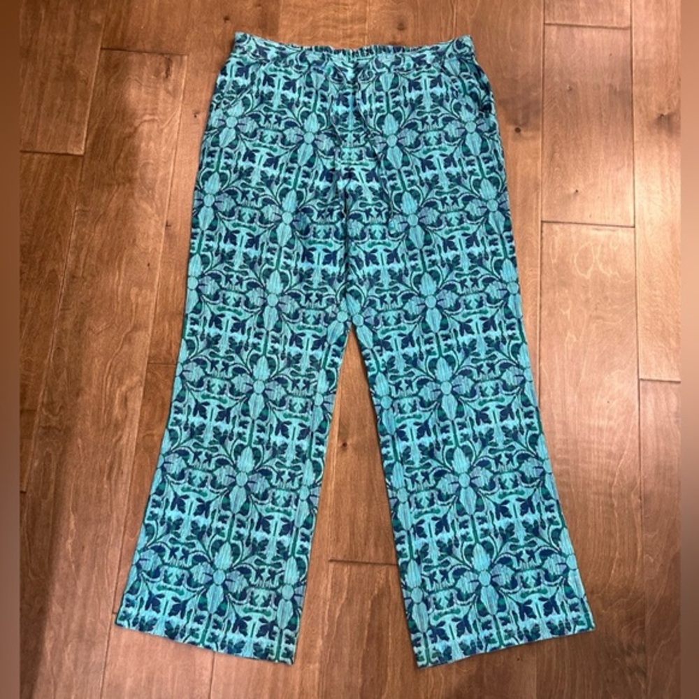 Tommy Bahama 100% linen Turquoise and green Floral Print Wide Leg Pants 14